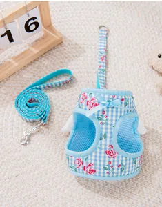 Set pettorina e guinzaglio blu a quadretti con ali d'angelo per cani e gatti di piccola taglia