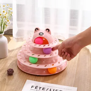 Girotondo interattivo per gatti a quattro livelli rosa con simpatica testa di rana e palline