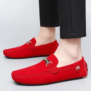 Premium red suede loafers for men featuring elegant metal buckle and slip-on design