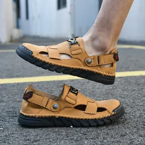 Sandales d'été en cuir marron pour hommes, respirantes et fermées, style de plage
