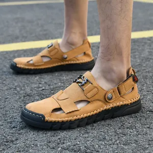 Sandales de Plage Décontractées pour Hommes Cousues à la Main en Cuir PU Respirant Chaussures d'Extérieur Grandes Tailles