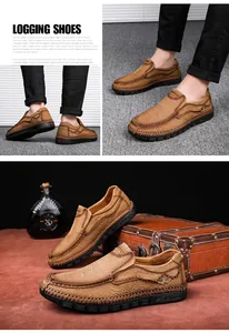Detailweergave van handgenaaide bruine leren loafers met duurzame rubberen zolen