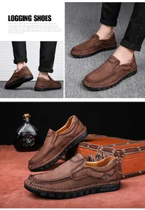 Gedetailleerd zicht op bruine handgenaaide leren herenloafers met zachte zwarte zolen