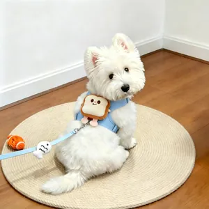 Detailed view of the cute bread plushie on the light blue dog harness and leash set