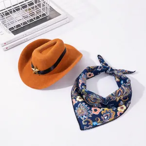 Pet cowboy hat with gold star badge and floral bandana set for cats and small dogs