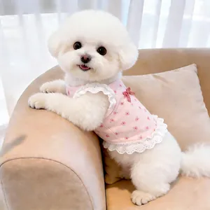 Primo piano di un grazioso vestito rosa a fiori per animali con bordo in pizzo su cane