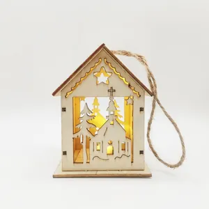 Handcrafted wooden Christmas house ornament with warm LED light and hanging jute rope