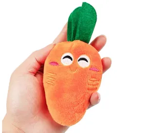 Detailed view of a hand holding a small orange squeaky plush carrot toy for dogs and cats
