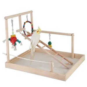 Wooden parrot playstand training gym with climbing ladder and various colorful toys