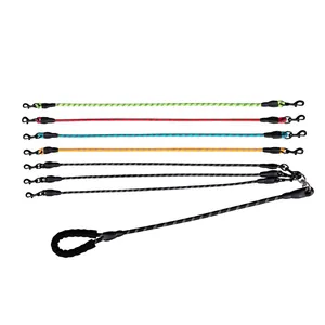 Detail view of multi-head reflective nylon dog leash with padded handle and diverse colors