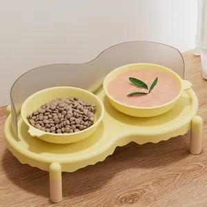 Supporto moderno rialzato per ciotola doppia con ciotole in ceramica per gatti e cani