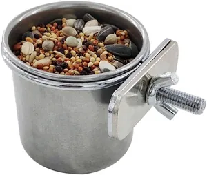 Stainless steel parrot bird feeder cup with secure screw attachment and mixed seeds