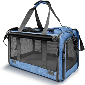 Portable blue breathable mesh pet carrier for cats and small dogs for outdoor travel