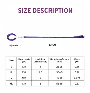 Detailed size chart for 8-strand braided nylon dog collar and leash set