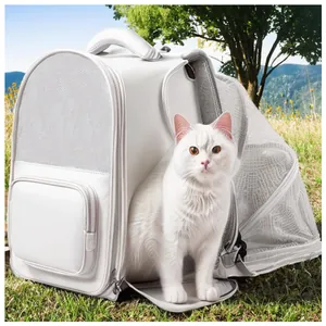 White expandable pet backpack carrier with breathable mesh for outdoor travel with cat