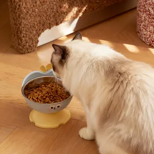 Cozy home scene showing an apple-shaped raised pet bowl with stainless steel insert for cats