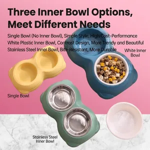 Anti-slip double pet feeding bowl with removable stainless steel and plastic inner bowls