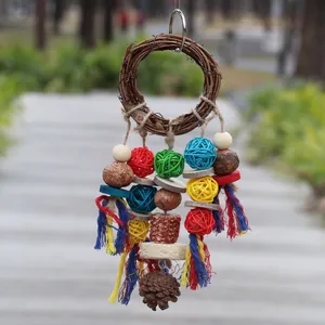 Detail of colorful parrot toy with vine ring, rattan balls, and natural pine cone