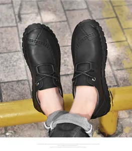 Duurzame zwarte casual herenschoenen met veters en dikke rubberen zool voor buiten
