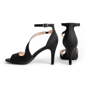 Elegant black peep toe high heel sandals with ankle strap and stiletto heel for women