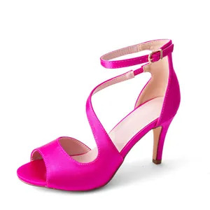 Hot pink satin high heel sandals with peep toe and cross ankle strap stiletto design
