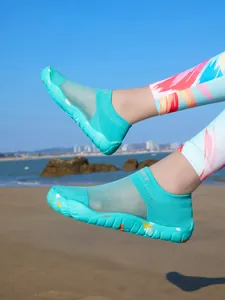 Turquoise five-finger aqua shoes for beach and outdoor water sports.