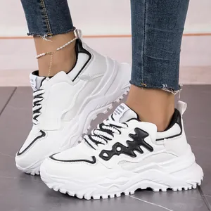 Stylish white fishbone chunky sneakers with breathable mesh for casual women's sports wear