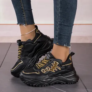 Fashion black and gold fishbone chunky sneakers with breathable mesh for women