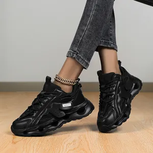 Stylish black women's chunky sneakers dad shoes with thick soles for casual sports