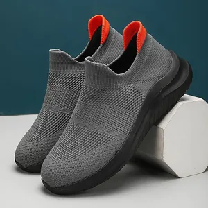 Ultra-light casual sports sock shoes featuring grey knit mesh and bright orange pull tabs