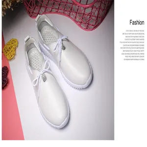 Close-up detail of breathable white leather nurse shoes with platform non-slip soles