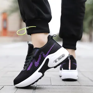Baskets en tricot noir et violet pour femmes avec semelle épaisse à coussin d'air