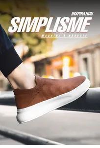 Breathable brown fly-knit men's slip-on casual sneakers with thick white soles outdoors