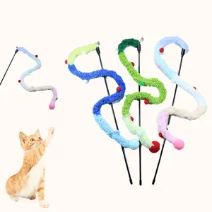 Interactive Plush Cat Teaser Wand With Bell And Colorful Pom Poms Long Ribbon For Indoor Kitten Self-Play Exercise Training Toy