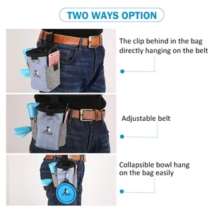 Portable pet training treat bag with belt clip and blue collapsible bowl attachment
