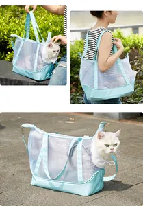 Detail showing the breathable mesh and portable carrying modes of the mint cat carrier bag