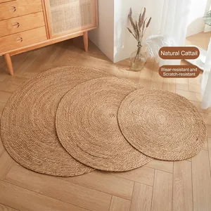 Round Cattail Cat Scratcher Mat Durable Straw Woven Cat Bed Multi-functional Scratching Pad For Indoor Cats Furniture Protector