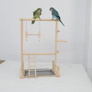 Natural wooden parrot playstand with swing, ladder, and stainless steel tray for birds
