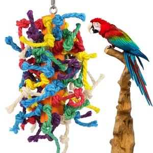 Colorful parrot chewing toy with sisal rope knots and wooden blocks for large birds