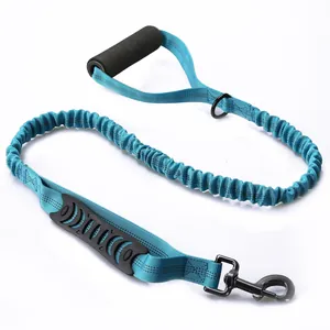 Close-up detail of reflective bungee dog leash with dual soft foam and rubber handles