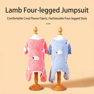 Comfortable sheep pattern coral fleece dog jumpsuit in pink and blue for winter warmth