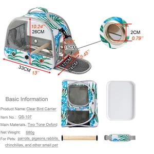 Detail view of clear bird carrier with dimensions, accessories, and product specifications.