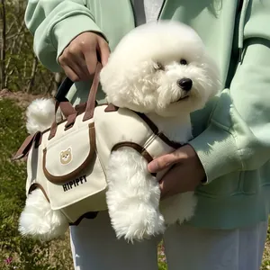 Detail view of a portable pet carrier bag with a cute white dog for outdoor travel use