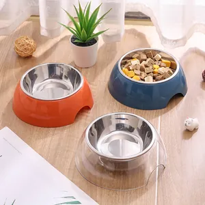 Dreiteiliges Haustiernapf-Set aus Edelstahl in den Farben Orange, Blau und Transparent