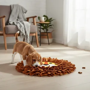 Detailed view of a beagle puppy using a lion-shaped snuffing mat on a light wooden floor