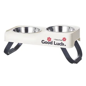 Elevated stainless steel double pet bowls with cream foldable stand for dogs and cats