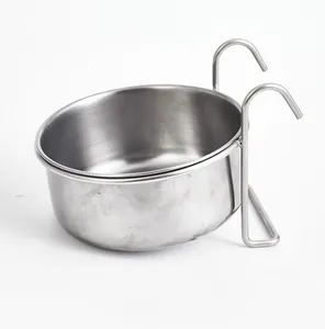 Detailed view of a durable stainless steel pet hanging bowl with sturdy metal hooks for cages