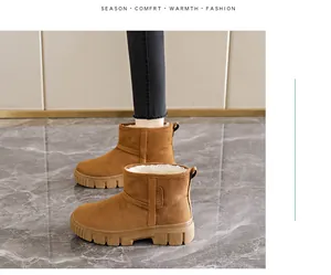 Detail view of brown suede snow boots featuring thick white fur lining and platform sole.