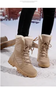 Warm women's beige winter snow boots featuring thick fleece lining and anti-slip EVA sole
