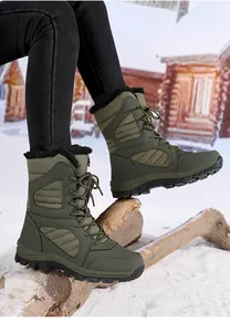 Women's olive green mid-calf snow boots with warm faux fur lining shown in a snowy outdoor scene